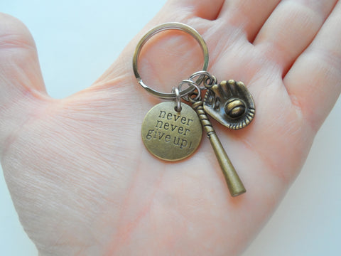 Bronze Baseball Bat, Mitt, and Never Never Give Up Charm Keychain, Softball or Baseball Team Player Key Chain