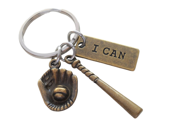 Bronze Baseball Bat, Mitt, and I Can Tag Charm Keychain, Softball or Baseball Team Player Key Chain