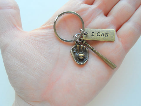 Bronze Baseball Bat, Mitt, and I Can Tag Charm Keychain, Softball or Baseball Team Player Key Chain