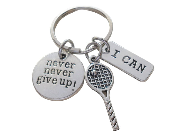 Tennis Racquet Charm Keychain with Never Never Gift Up Disc, and I Can Tag Charm, Graduate Keychain, Tennis Player Keychain