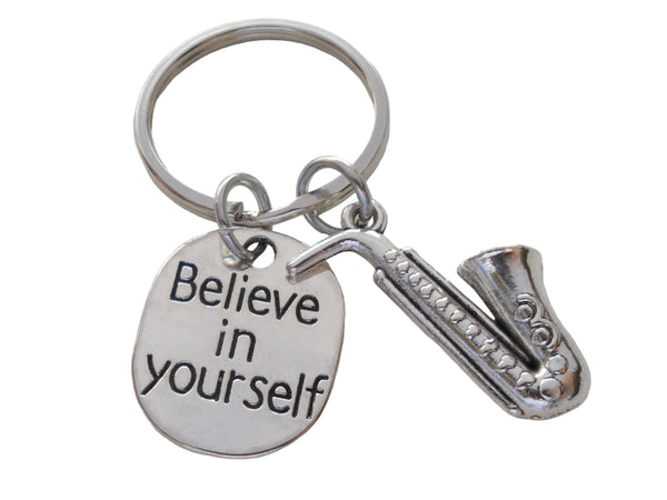 Saxophone Charm Keychain with Believe in Yourself Charm, Musician or Music Teacher Keychain