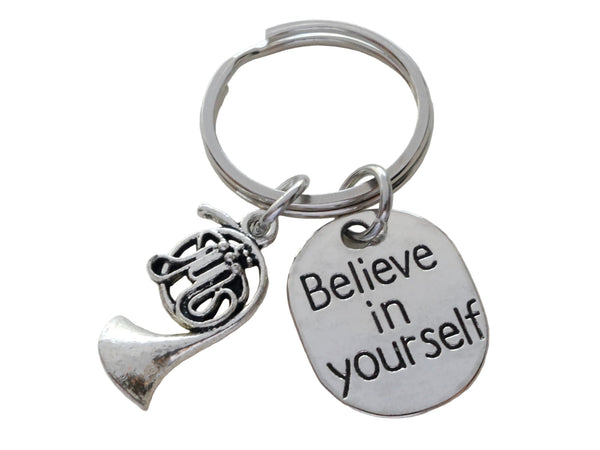 French Horn Charm Keychain with Believe in Yourself Charm, Musician or Music Teacher Keychain