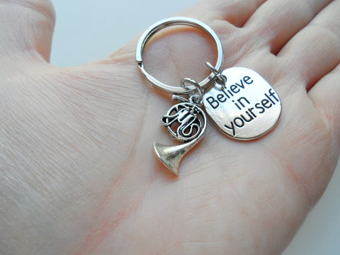 French Horn Charm Keychain with Believe in Yourself Charm, Musician or Music Teacher Keychain