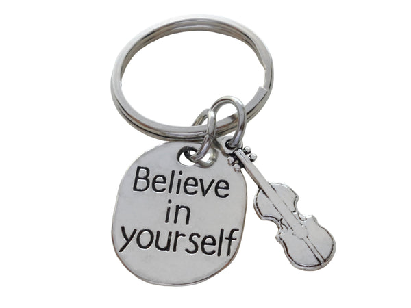 Violin / Viola Charm Keychain with Believe in Yourself Charm, Musician or Music Teacher Keychain
