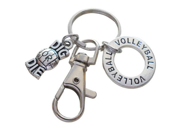 Volleyball Keychain with Volleyball Ring Charm, Dig or Die Charm, and Swivel Clasp, Volleyball Player or Coach Keychain