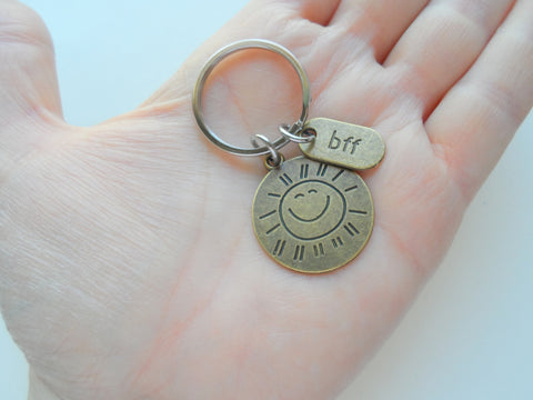 Bronze You Are My Sunshine Keychain, Sun Design with Saying on Backside and Bff Tag