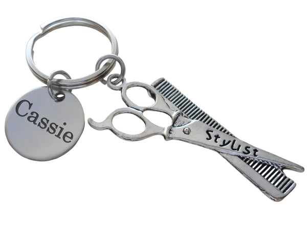 Hair Stylist Comb & Scissors Charm Keychain with Custom Engraved Disc