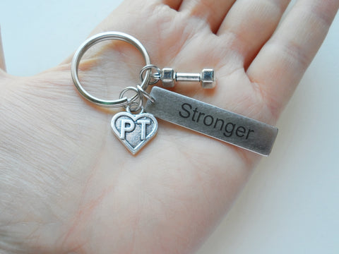 Physical Therapy Keychain with Stronger Engraved Tag, PT Heart & Hand Weight Charm