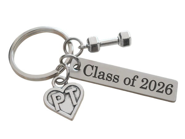 Graduate Physical Therapy Keychain with Class of 2026 Engraved Tag, PT Heart & Hand Weight Charm