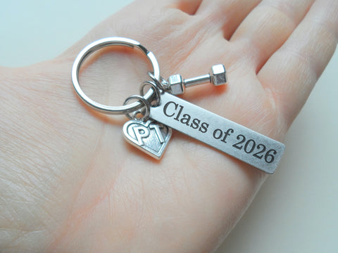 Graduate Physical Therapy Keychain with Class of 2026 Engraved Tag, PT Heart & Hand Weight Charm