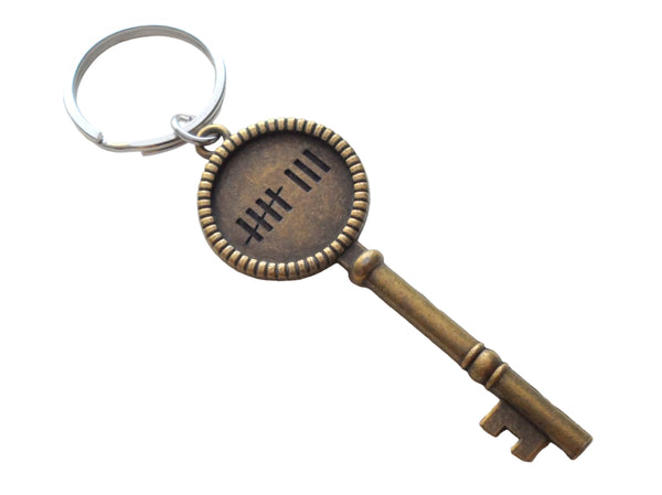Bronze Key Charm Keychain with 8 Tally Marks Engraved, For Couples 8 Year Anniversary