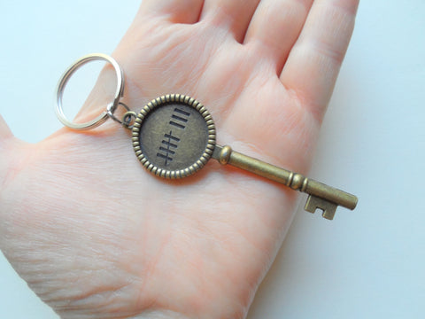 Bronze Key Charm Keychain with 8 Tally Marks Engraved, For Couples 8 Year Anniversary