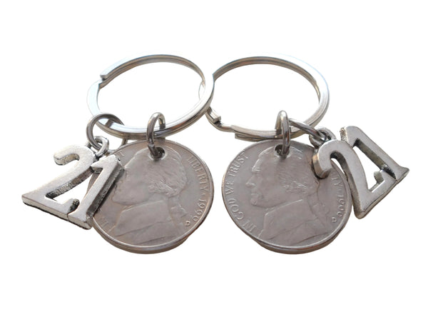2 Nickel Keychains with 21 Charm, 21 Year Anniversary Gift, Husband Wife Key Chain, Boyfriend Girlfriend Gift, Customized Couples Keychain