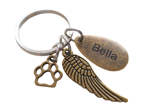 Bronze Charm Dog Memorial Keychain • Custom Engraved Teardrop Shaped Tag with Wing & Paw Charm | JE