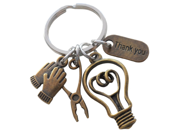 Electrician or Housekeeping Appreciation Keychain with Bronze Light Bulb, Pliers, Work Gloves & Thank You Charm, Employee Appreciation Keychain