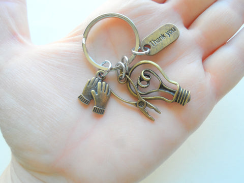 Electrician or Housekeeping Appreciation Keychain with Bronze Light Bulb, Pliers, Work Gloves & Thank You Charm, Employee Appreciation Keychain