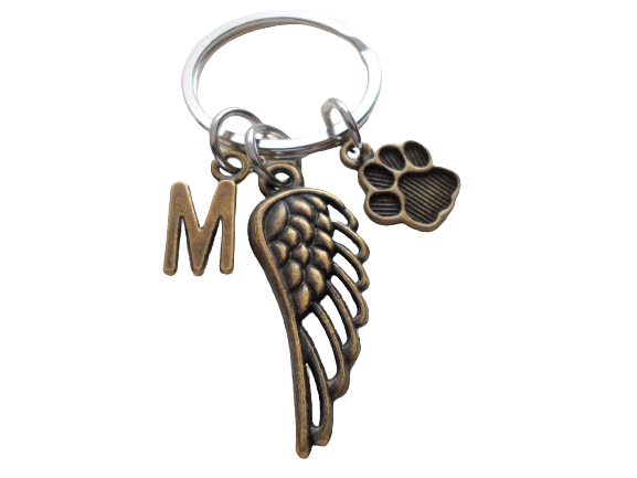 Bronze Dog Memorial Keychain With Custom Letter Charm Options • Cute Wing and Paw Charm | JE