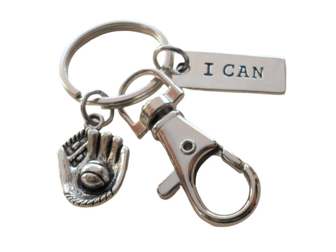 Baseball Mitt Charm Keychain with I Can Tag & Clasp, Personalized Option For Softball / Baseball Player Keychain