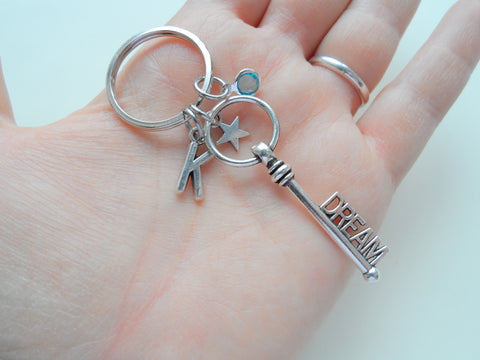 Dream Key Charm Keychain with Star Charm and Initial Charm, Encouragement Keychain