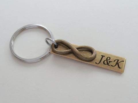 Small Bronze Infinity Charm & Custom Engraved Tag Keychain - Couples Keychain