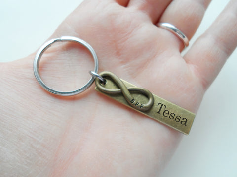 2 Keychains, Each with Bronze Small BFF Infinity Symbol and Custom Engraved Tag with Names, Best Friends Foreve