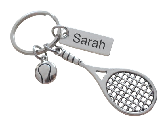 Tennis Charm Keychain with Steel Tag Custom Engraved, Tennis Racquet & Ball, For Student or Coach