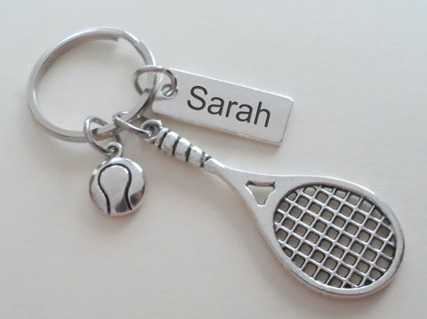 Tennis Charm Keychain with Steel Tag Custom Engraved, Tennis Racquet & Ball, For Student or Coach