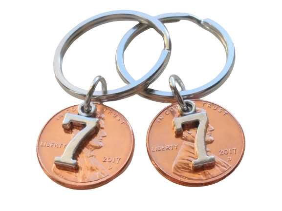 7 Year Anniversary Gift • Double Keychain Set 2018 Penny Keychains with Number 7 Charm by Jewelry Everyday