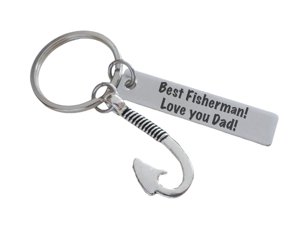 Custom Engraved Steel Keychain Tag with Fish Hook Charm