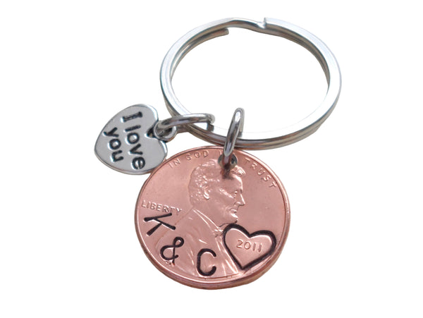 Custom Hand Stamped Penny Keychain with I Love You Heart Charm, Personalized Lucky Penny Anniversary Key Chain
