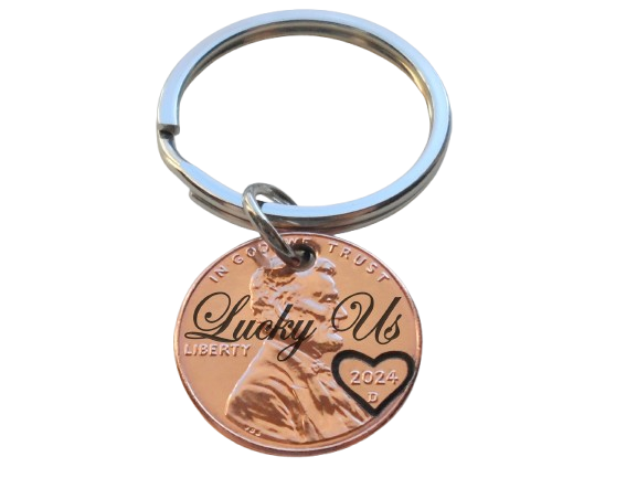 "Lucky Us" Engraved Penny Keychain with Heart Around Year; Anniversary Gift, Couples Keychain