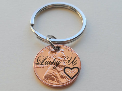 "Lucky Us" Engraved Penny Keychain with Heart Around Year; Anniversary Gift, Couples Keychain