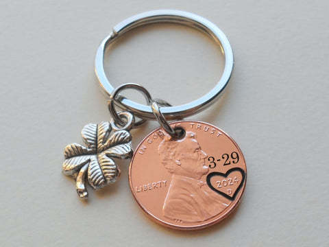 Custom Engraved Penny Keychain, Personalized Keychain, Lucky Penny Keychain, Anniversary Penny Key Chain with Clover Charm