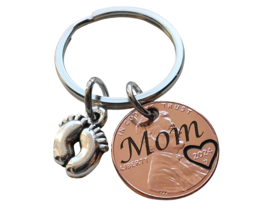 Baby Feet Charm & Penny Keychain with Mom Engraved and Heart Around Year; Mother's Keychain, Father's Keychain