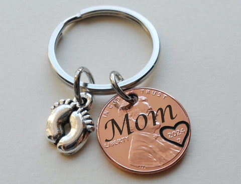 Baby Feet Charm & Penny Keychain with Mom Engraved and Heart Around Year; Mother's Keychain, Father's Keychain