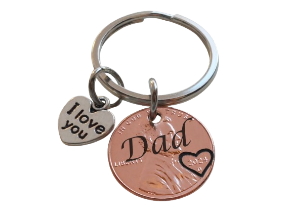 Dad Engraved Penny Keychain, with I Love You Heart Charm, Father's Day Gift