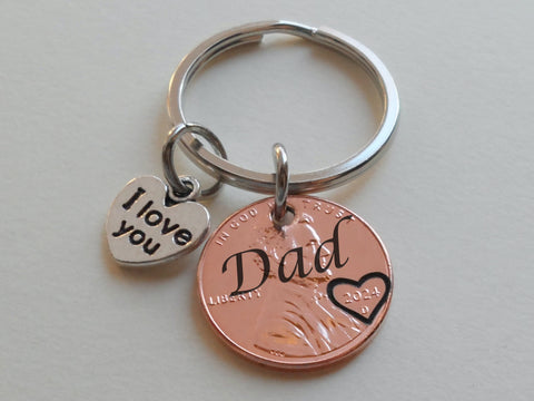 Dad Engraved Penny Keychain, with I Love You Heart Charm, Father's Day Gift