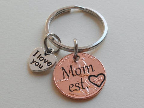 Mom Est. Engraved Penny Keychain, with I Love You Heart Charm, Mother's Day Gift