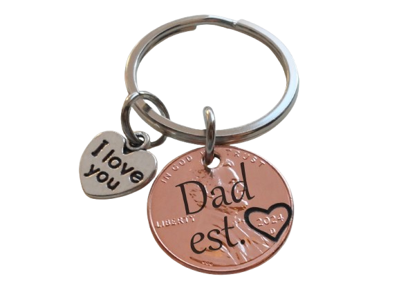 Dad est. Engraved on Penny Keychain, with I Love You Heart Charm, Father's Day Gift