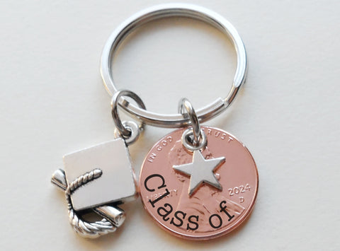 Custom Engraved 2025 Penny Keychain with Star & Graduate Cap Charm, Graduation Keychain by Jewelry Everyday