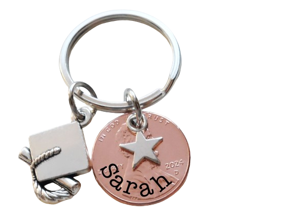 Custom Engraved 2025 Penny Keychain with Star & Graduate Cap Charm, Graduation Keychain by Jewelry Everyday