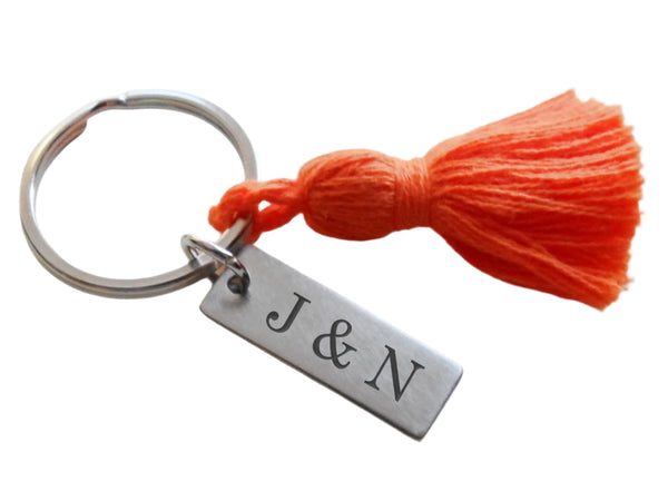 Custom Engraved Keychain with Cotton Tassel & Small Steel Tag, Anniversary Gift Keychain