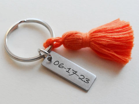 Custom Engraved Keychain with Cotton Tassel & Small Steel Tag, Anniversary Gift Keychain