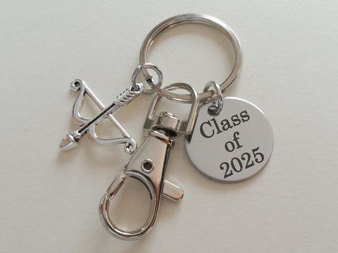 Bow & Arrow Charm Keychain with Clasp & Custom Engraved Disc, Student or Coach Archery Keychain
