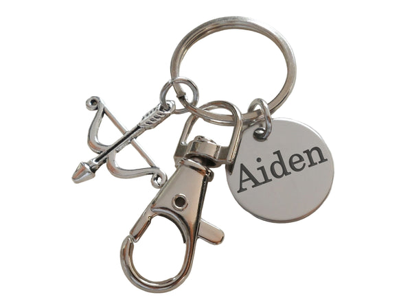 Bow & Arrow Charm Keychain with Clasp & Custom Engraved Disc, Student or Coach Archery Keychain
