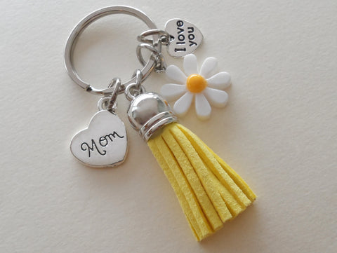 Mom Keychain with Daisy Flower Charm, I Love You Heart Charm, & Yellow Tassel Charm, Mother's Keychain