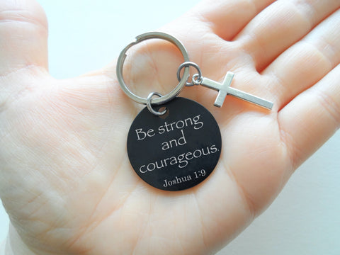 Custom Engraved Bible Verse Disc Keychain with Cross Charm, Personalized Religious Keychain