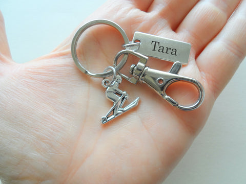 Personalized Skiing Keychain with Skier Charm, Custom Engraved Steel Tag & Swivel Clasp, Gift for Students or Instructors