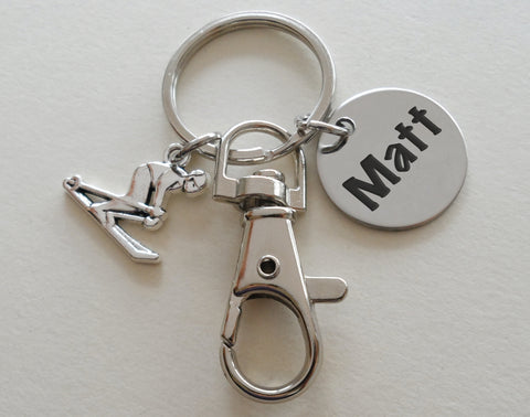 Personalized Skiing Keychain with Skier Charm, Custom Engraved Steel Disc & Swivel Clasp, Gift for Students or Instructors