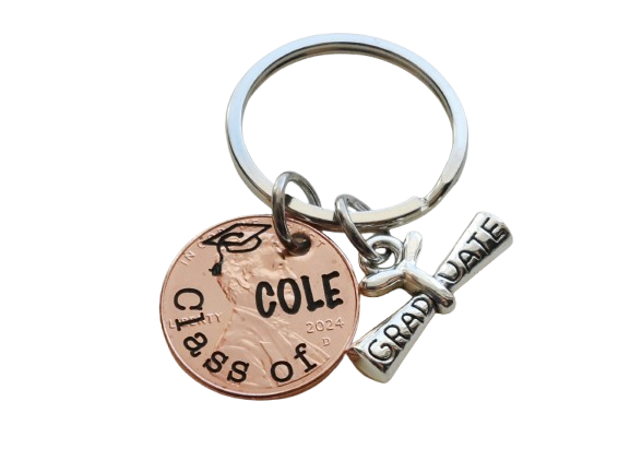 Custom Engraved "Class of" and Name on Penny Keychain with Graduate Scroll Charm, Personalized Graduate Keychain, For Graduation